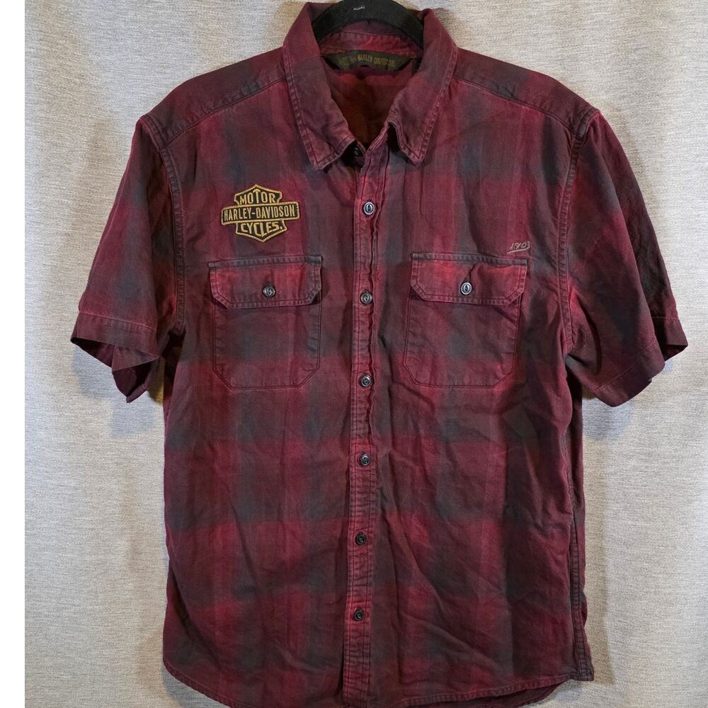 Harley Davidson Mens Sz Large Red Buffalo Plaid Button Down Shirt Eagle Patch 1